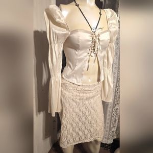 Med peasant puff long sleeve cream shiny color sexy corset type top sexy shein